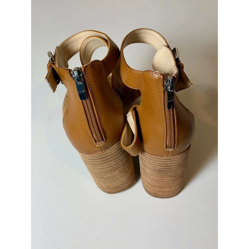 Marc Fisher Gabie Tan Perforated Suede Block Heel Sandals Womens 9.5M Leather‎